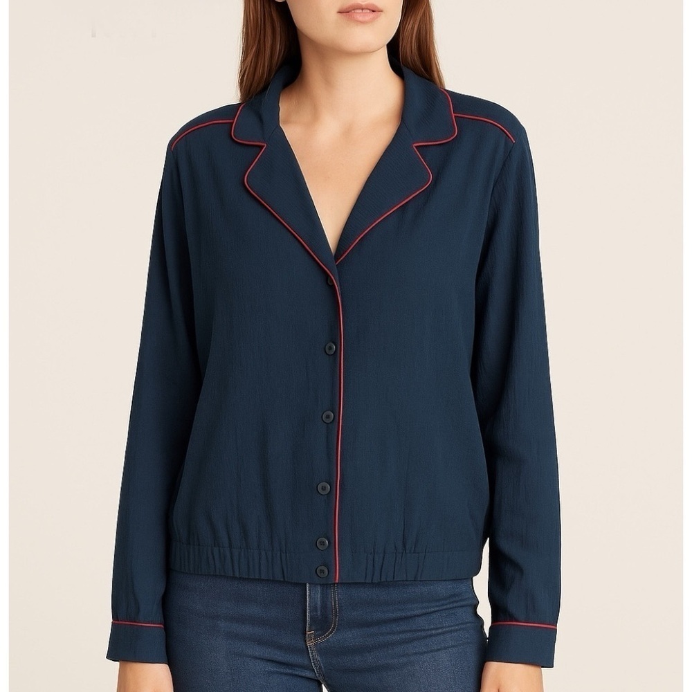 Moon River Navy Notched Lapel Bomber Jacket L NWT Retro Crinkled Rayon Red Trim